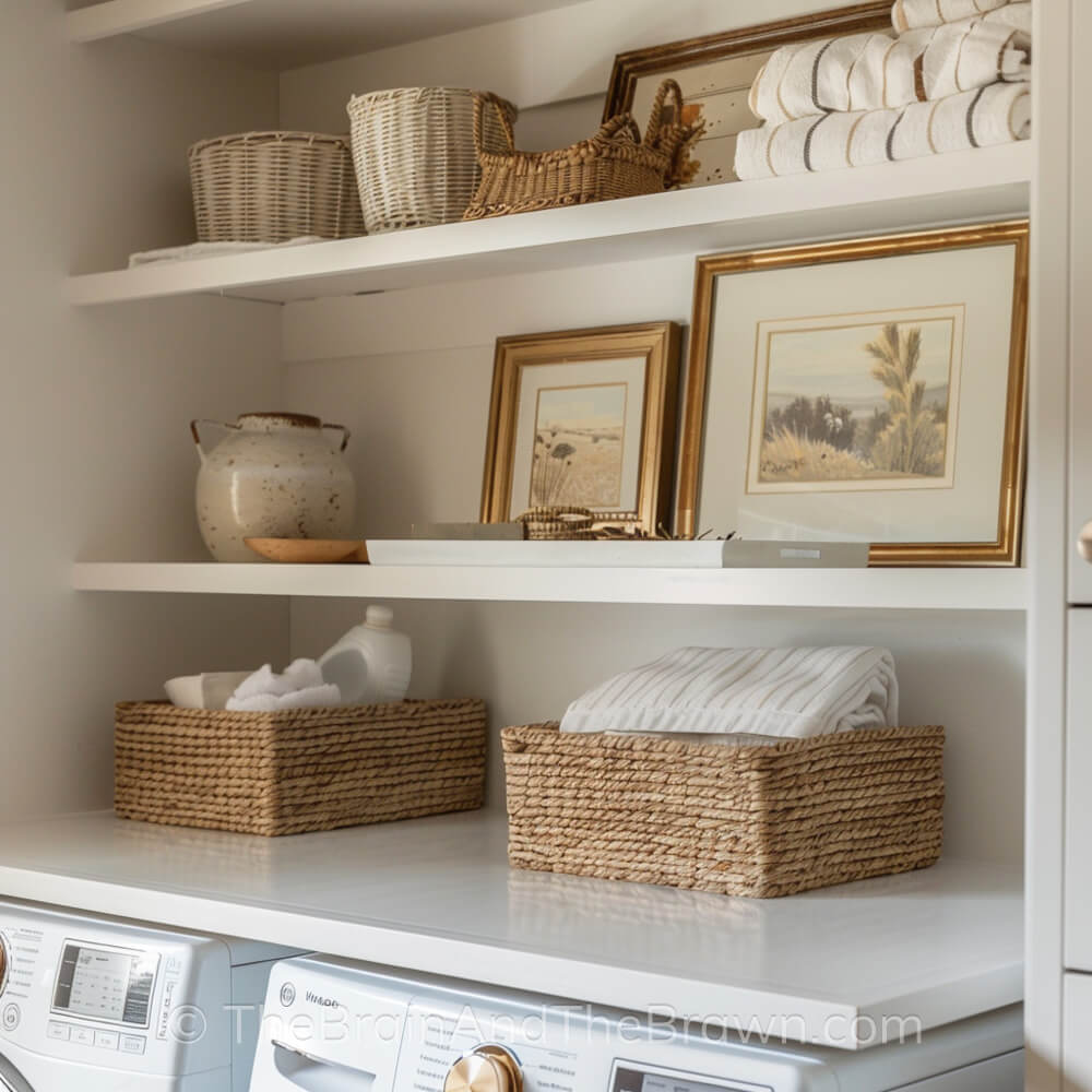 Small laundry room decor. Wicker baskets sit above the washer and dryer. Laundry room art sits on the shelves above the washer and dryer.