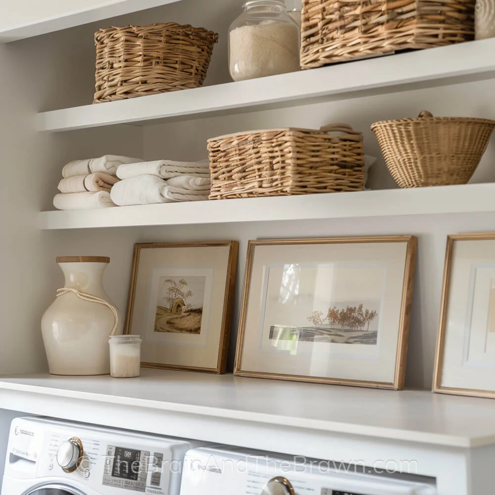 Small laundry room decor ideas. White shelves are above a washer and dryer. Laundry room art and baskets sit on the shelves.