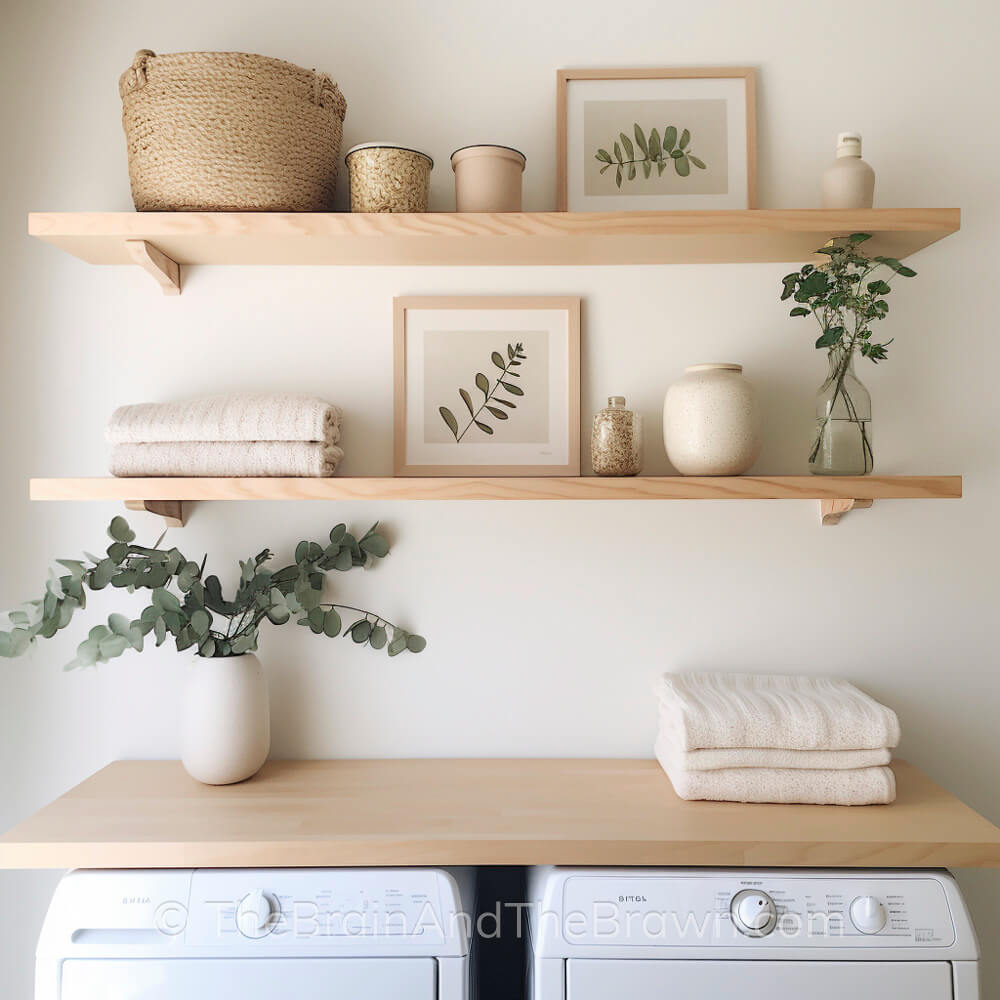 Small laundry room décor ideas with wooden shelves hanging above the washer and dryer. Baskets and wallart sit on the wooden shelves. 