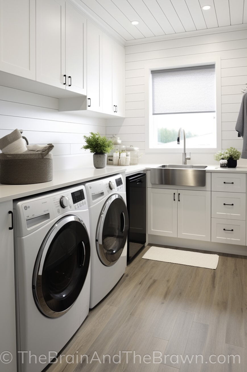 Farmhouse laundry room decor ideas. A light and bright laundry room with horizontal shiplap on the walls and ceiling. 