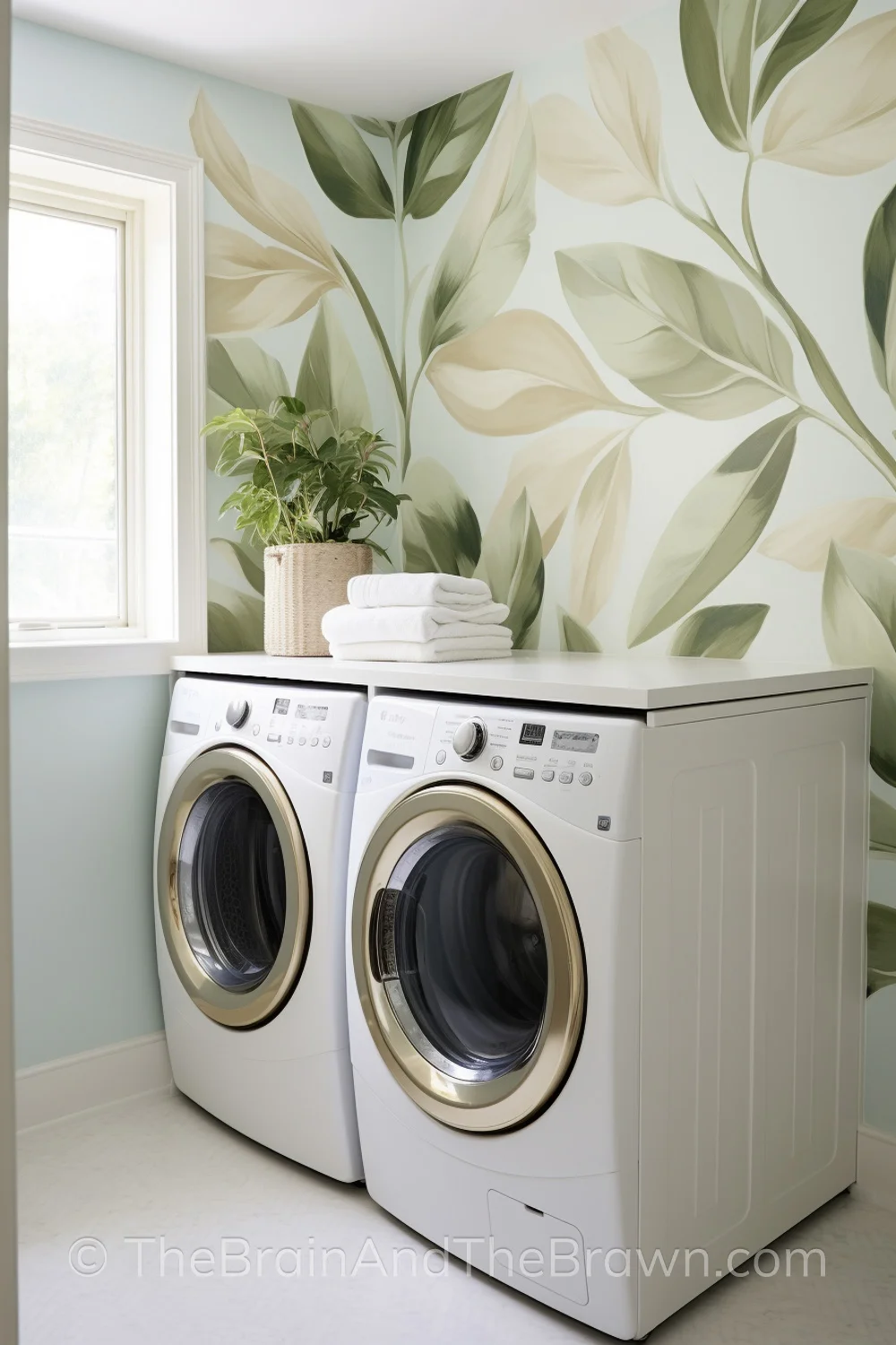 A small laundry room with large floral wallpaper on the wall behind the washer and dryer. A plant sits on top of the washer and dryer