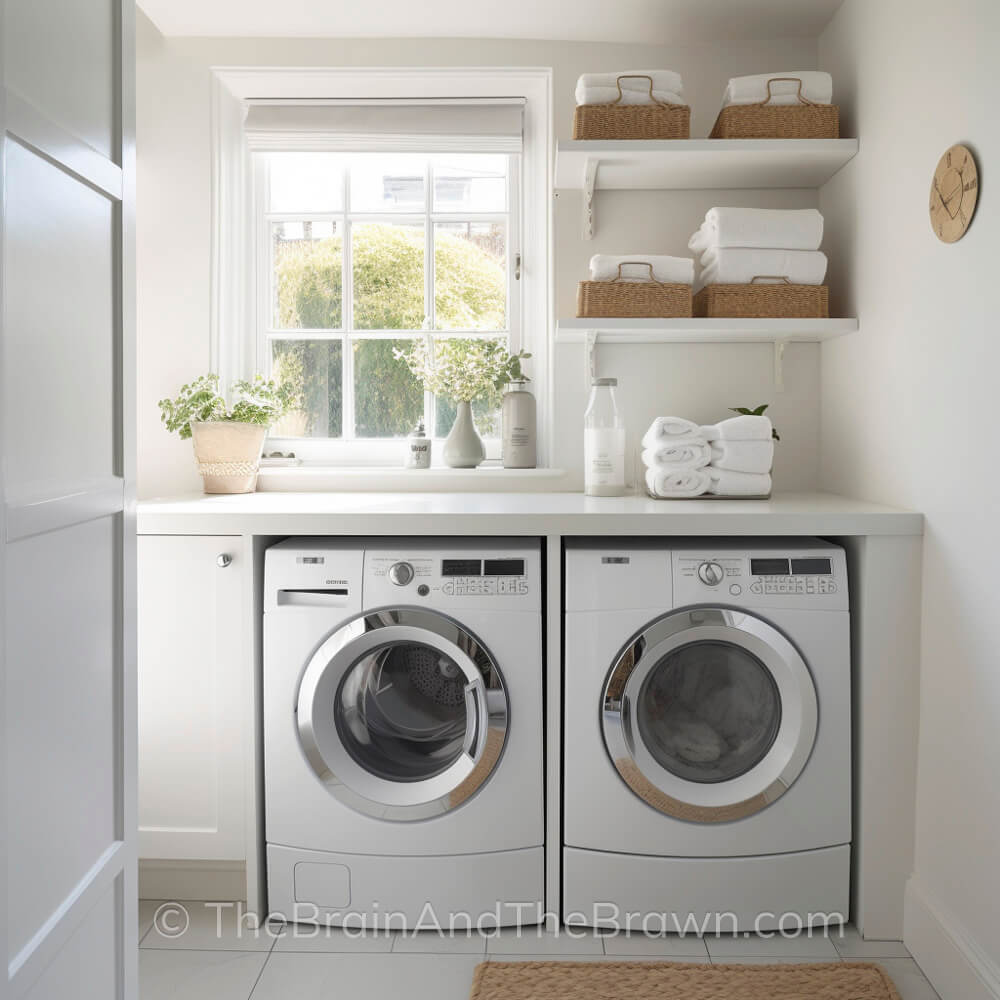 Small laundry room decor ideas with a window and built in shelves above the washer and dryer. Wicker baskets sit on the shelves and plants are in the windowsill and are laundry room decor
