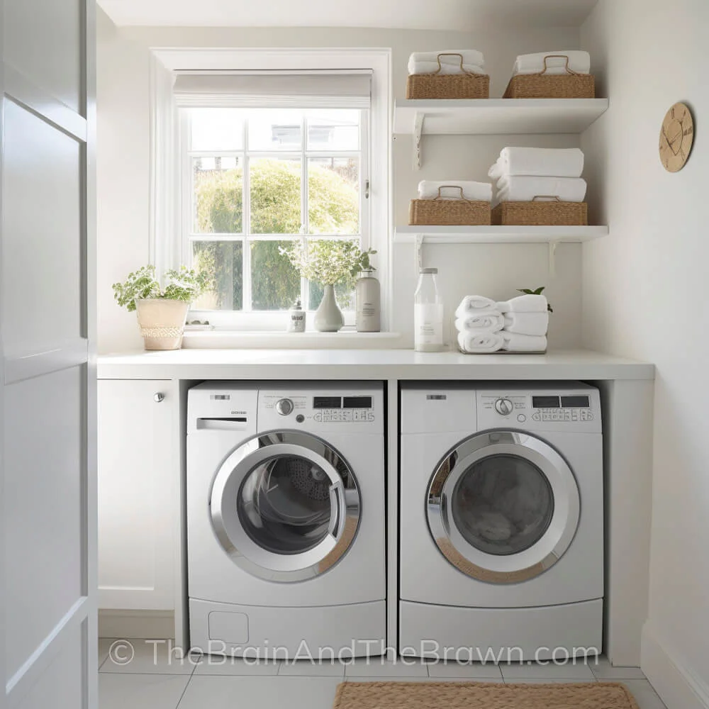 Small laundry room decor ideas with a window and built in shelves above the washer and dryer. Wicker baskets sit on the shelves and plants are in the windowsill and are laundry room decor