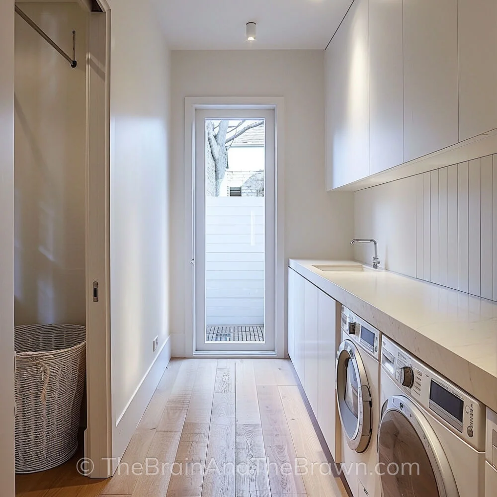 Modern laundry room decor ideas with a long wall of built in cabinetry. White walls and white cabinets with vertical ship lap as a backsplash. 