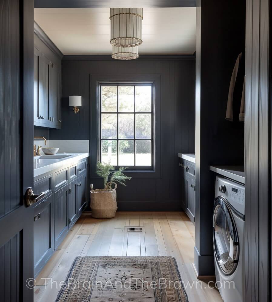 A dark laundry room color is on the walls and cabinetry. Statement lighting hangs from the ceiling and a gold wall sconce hangs from the wall. A runner rug lays in front of the washer and dryer
