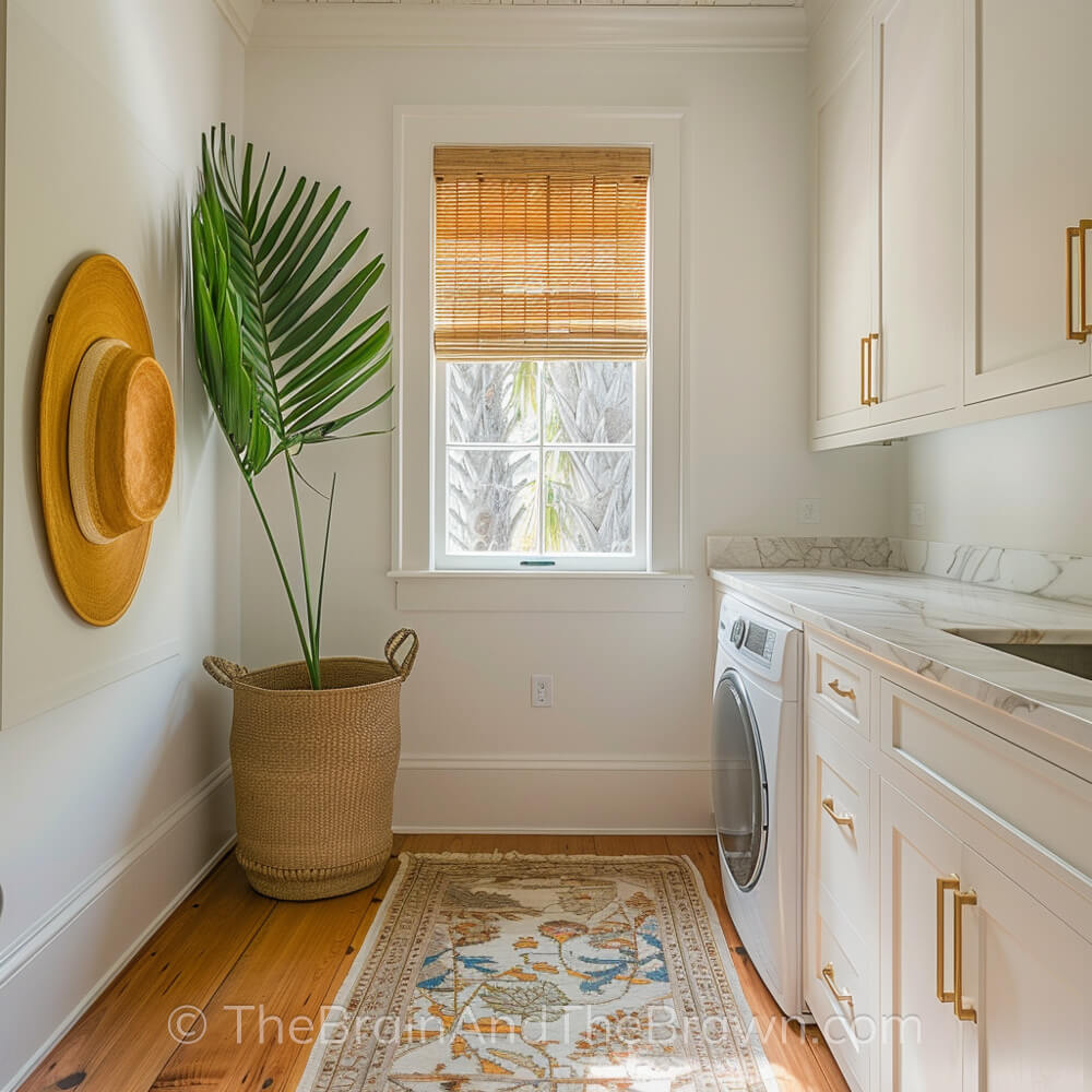 A small laundry room with a rug and plant in the corner. A large hat hangs on the wall as laundry room wall decor