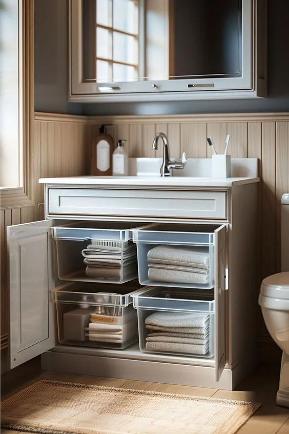 A bathroom vanity cabinet with pull-out drawers within the cabinet