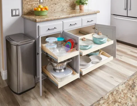 A white kitchen cabinet with pull out cabinet shelves inside the cabinets.