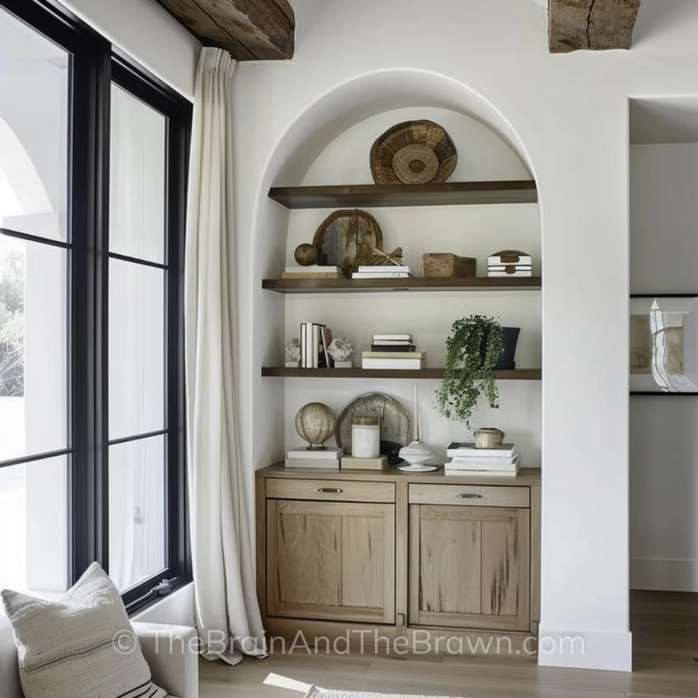 An arched built in bookcase idea with wooden shelves and a wooden cabinet