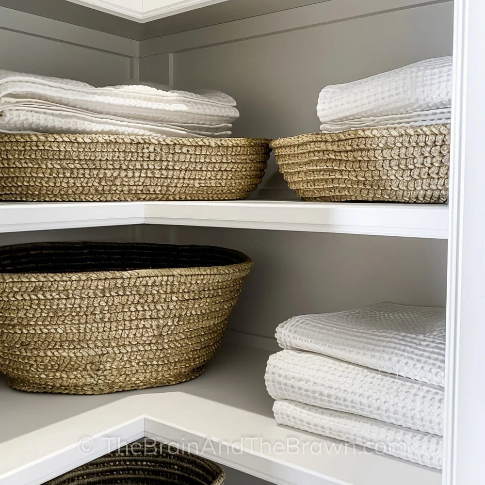 closet corners in white closet with woven baskets and white towels, organized 