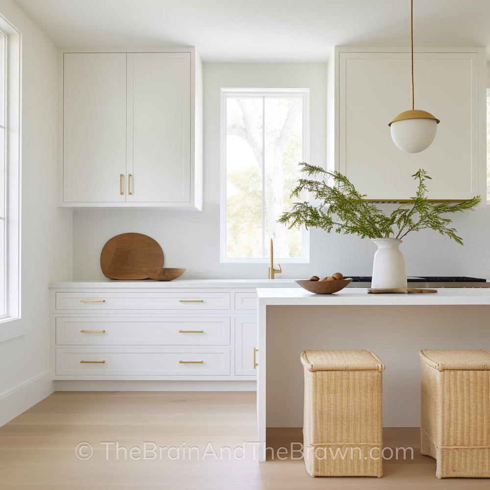 An off white kitchen cabinet idea with white countertops, hardwood floors, white walls, brass hardware, and wicker counter stools