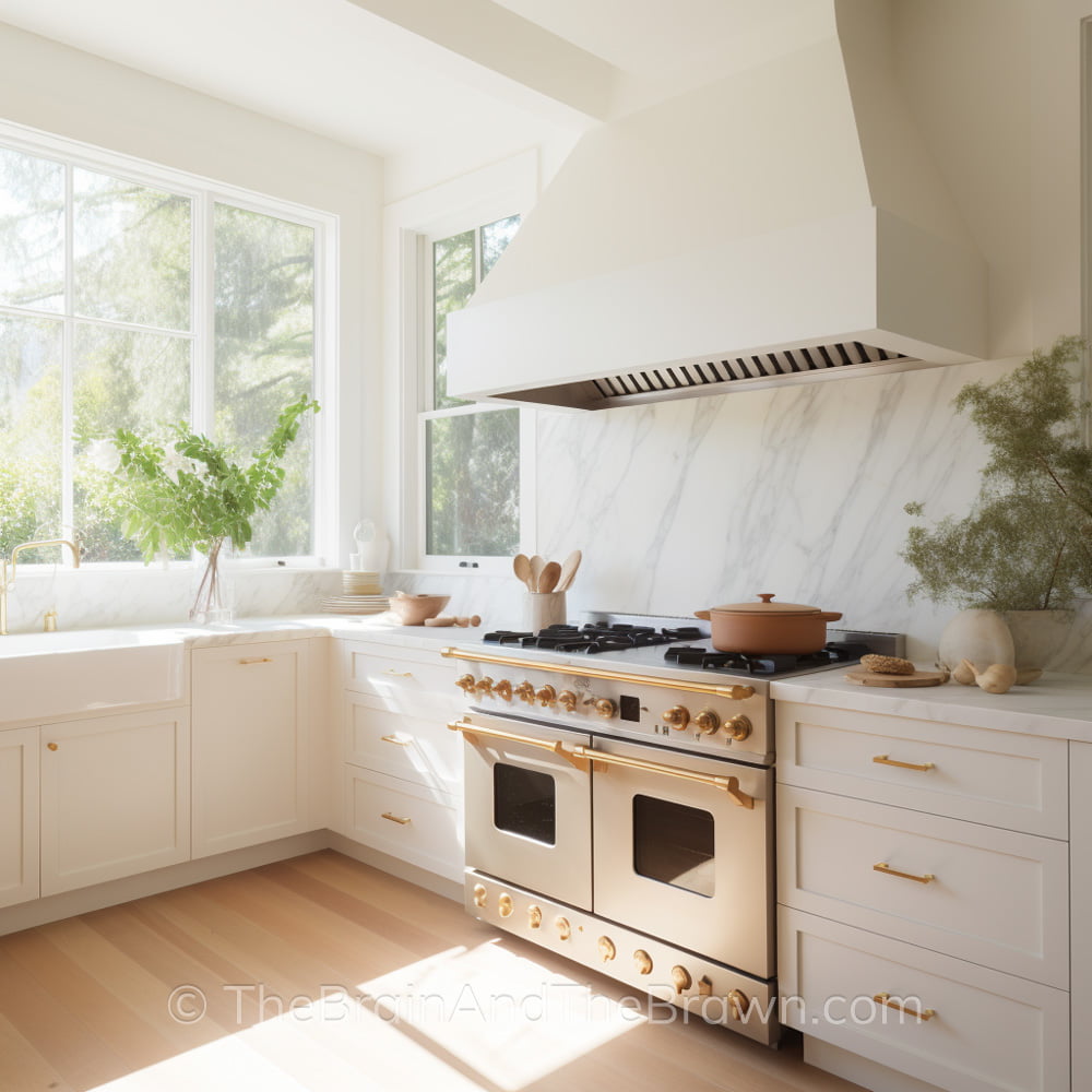 A neutral off-white kitchen with brass hardware, stone countertop and backsplash and a statement cream and brass range.