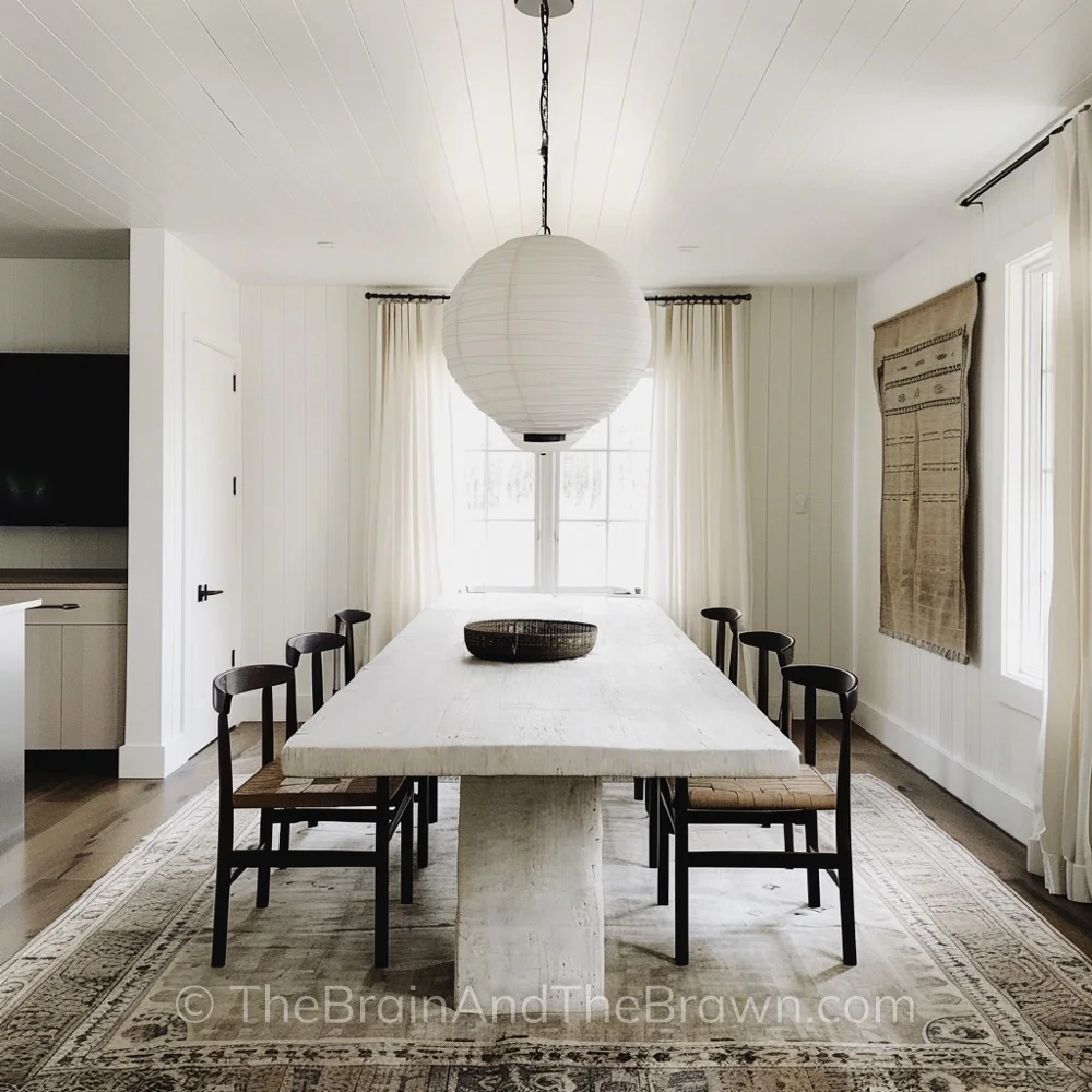 Dining room showing a plaster dining table, wishbone dining chairs, shiplap ceiling, antique rug and neutral artwork hanging on the wall. 