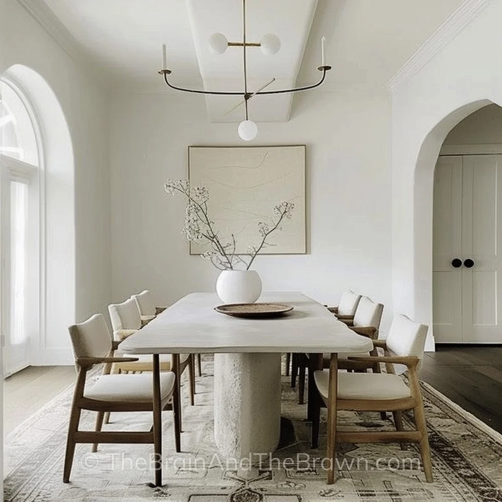 A white dining room with a large rectangular plaster dining table on top of an antique rug. Wood and fabric chairs surround the table.