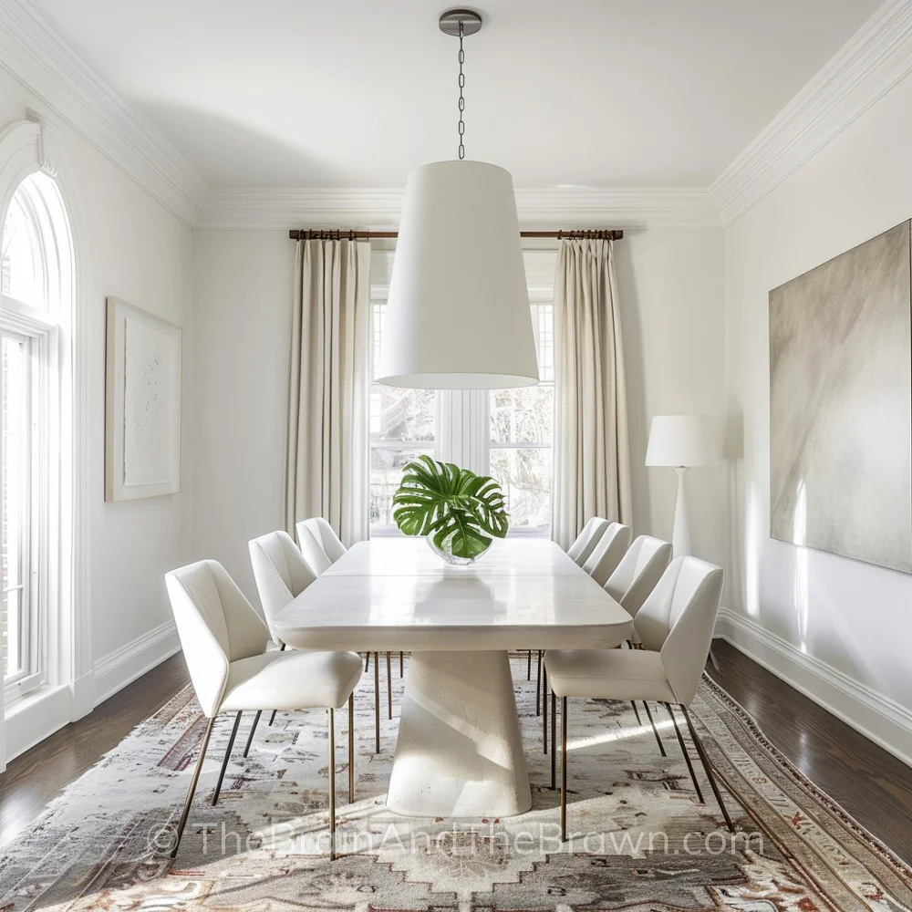 A dining room idea with a white plaster dining table, upholstered chairs around the table and neutral rug below the table. A large white cylinder light fixture hangs in the center of the ceiling and neutral artwork hangs on the walls.