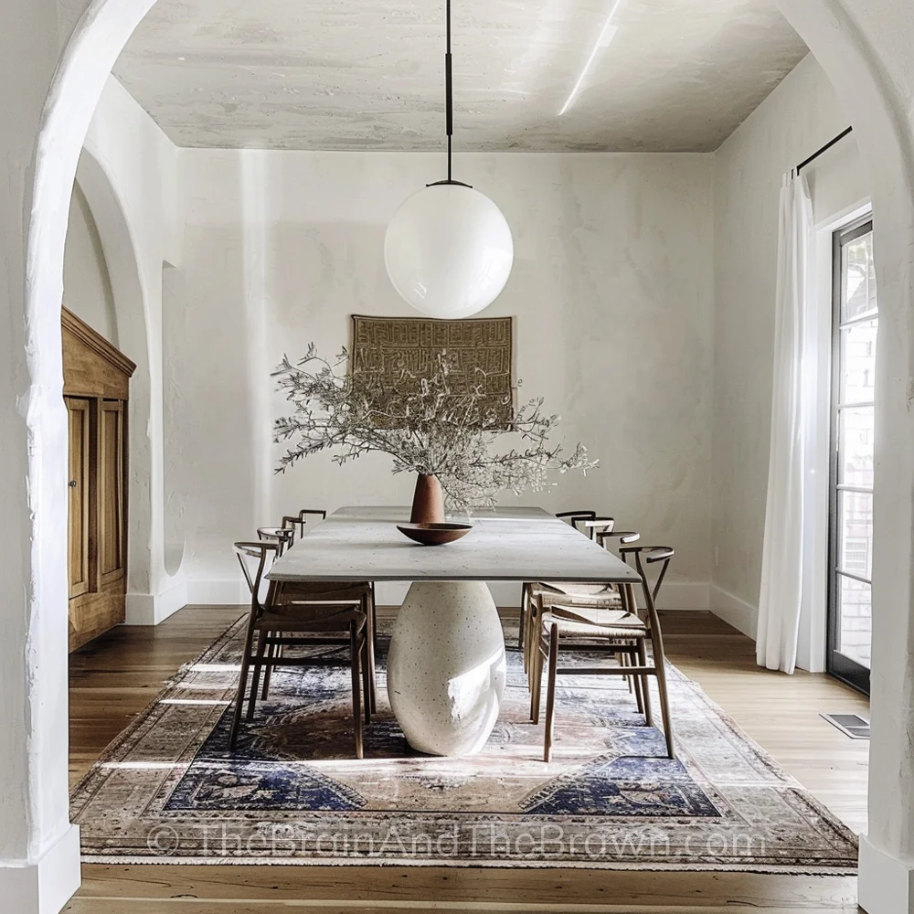 A dining room idea with a rectangular plaster dining table, wooden wishbone chairs, hardwood floors and an antique rug. 