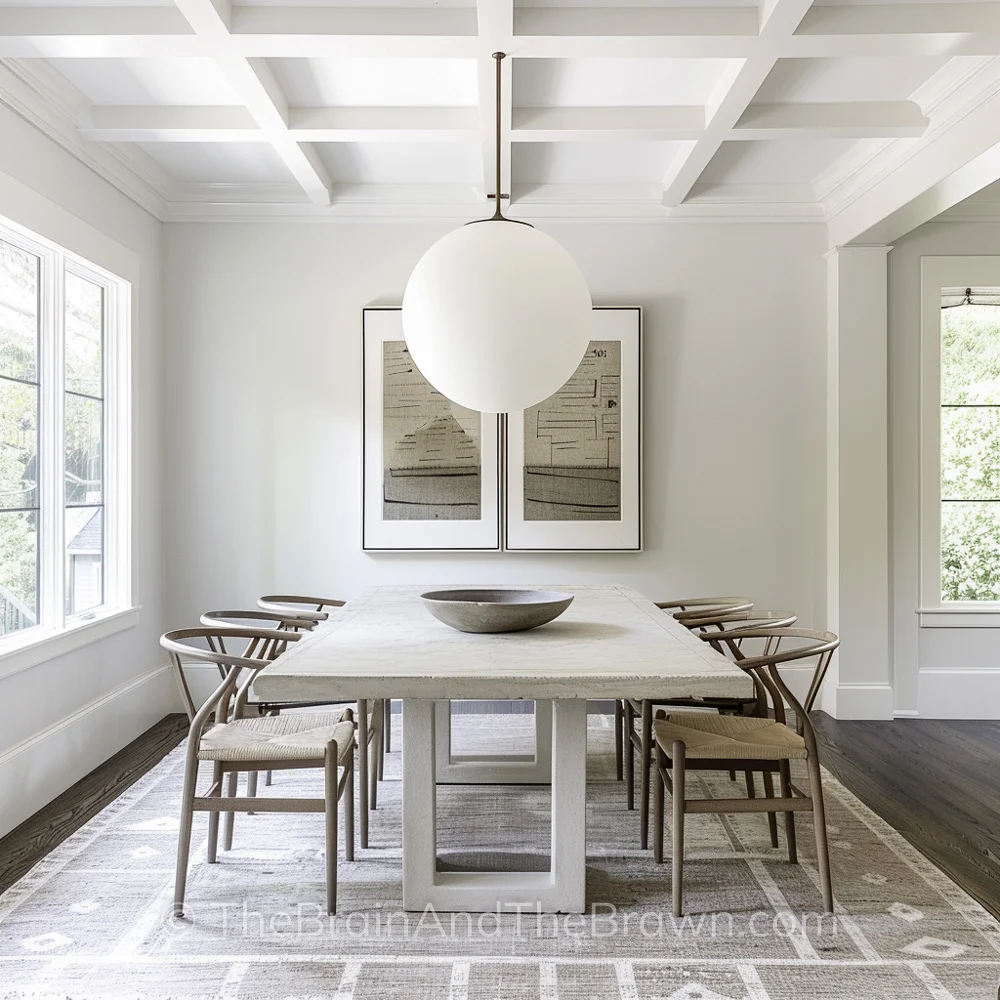 A dining room with a white coffered ceiling and large round light fixture handing down from the ceiling. The room has a plaster dining table with wood wishbone chairs around it on a neutral rug. 