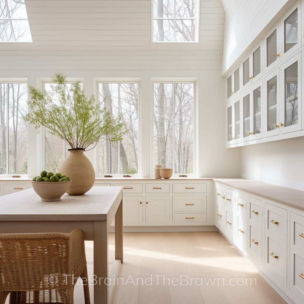 A bright and airy kitchen with eggshell kitchen cabinets, hardwood floors, large windows, and a wood island.