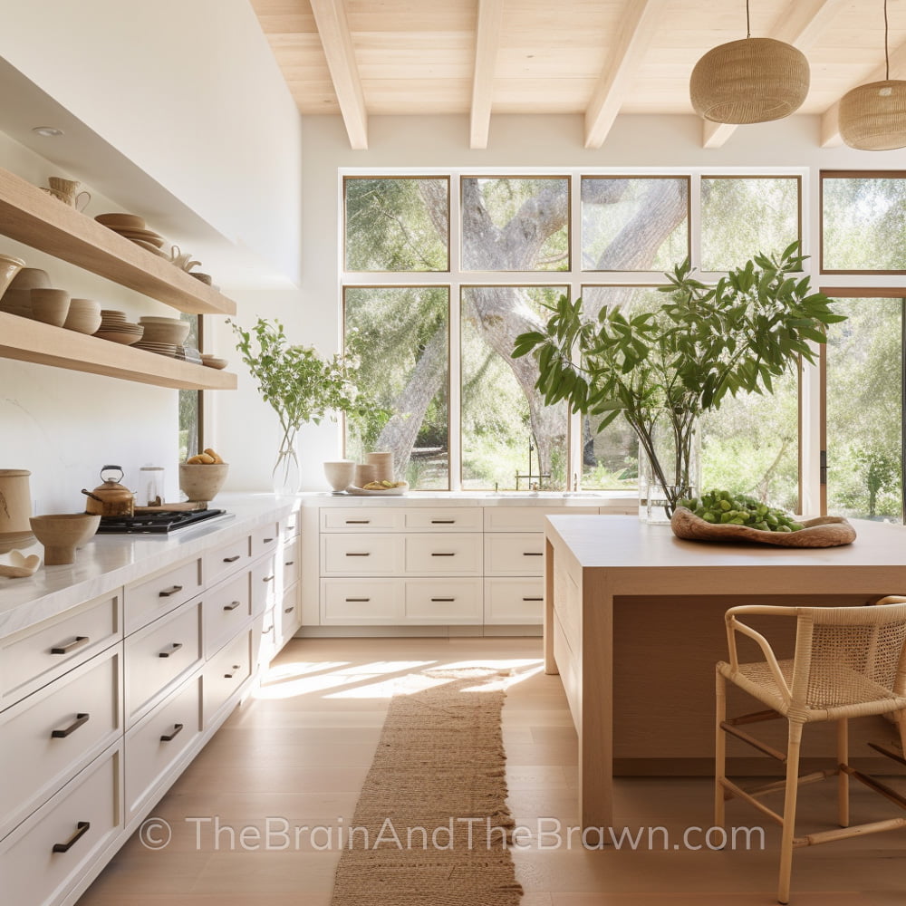 Large kitchen with wooden kitchen island and off-white kitchen color. White stone countertops and large windows fill the space