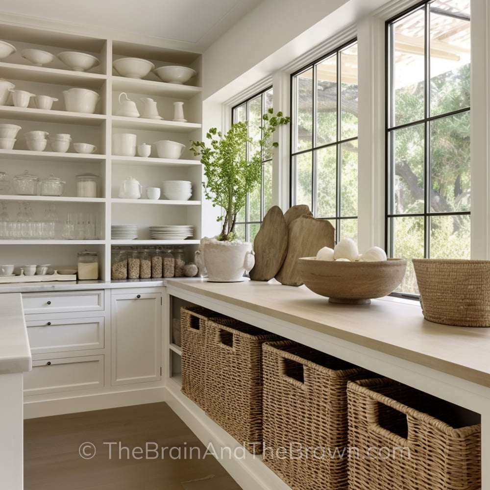 Antique white kitchen cabinets and shelves with black hardware. The kitchen has both wooden and white stone kitchen countertops.  