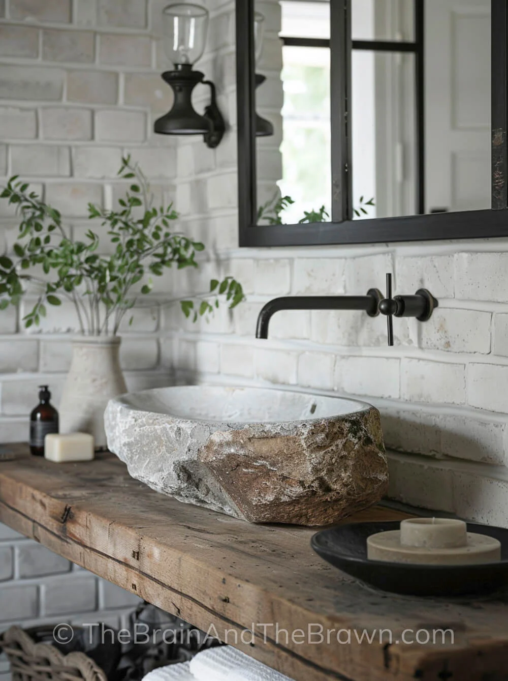 A powder bathroom provides modern farmhouse ideas with white painted brick walls, a stone vessel sink sits on top of a wooden bathroom cabinet.