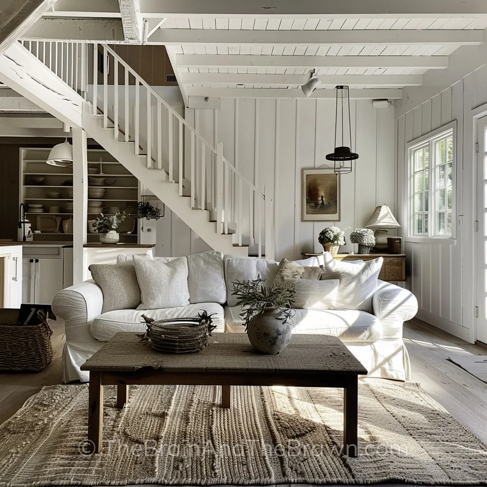 Modern farmhouse living room ideas with a white couch, hardwood floors, vertical plank walls and a wooden rustic coffee table that sits on top of a neutral textured rug. 