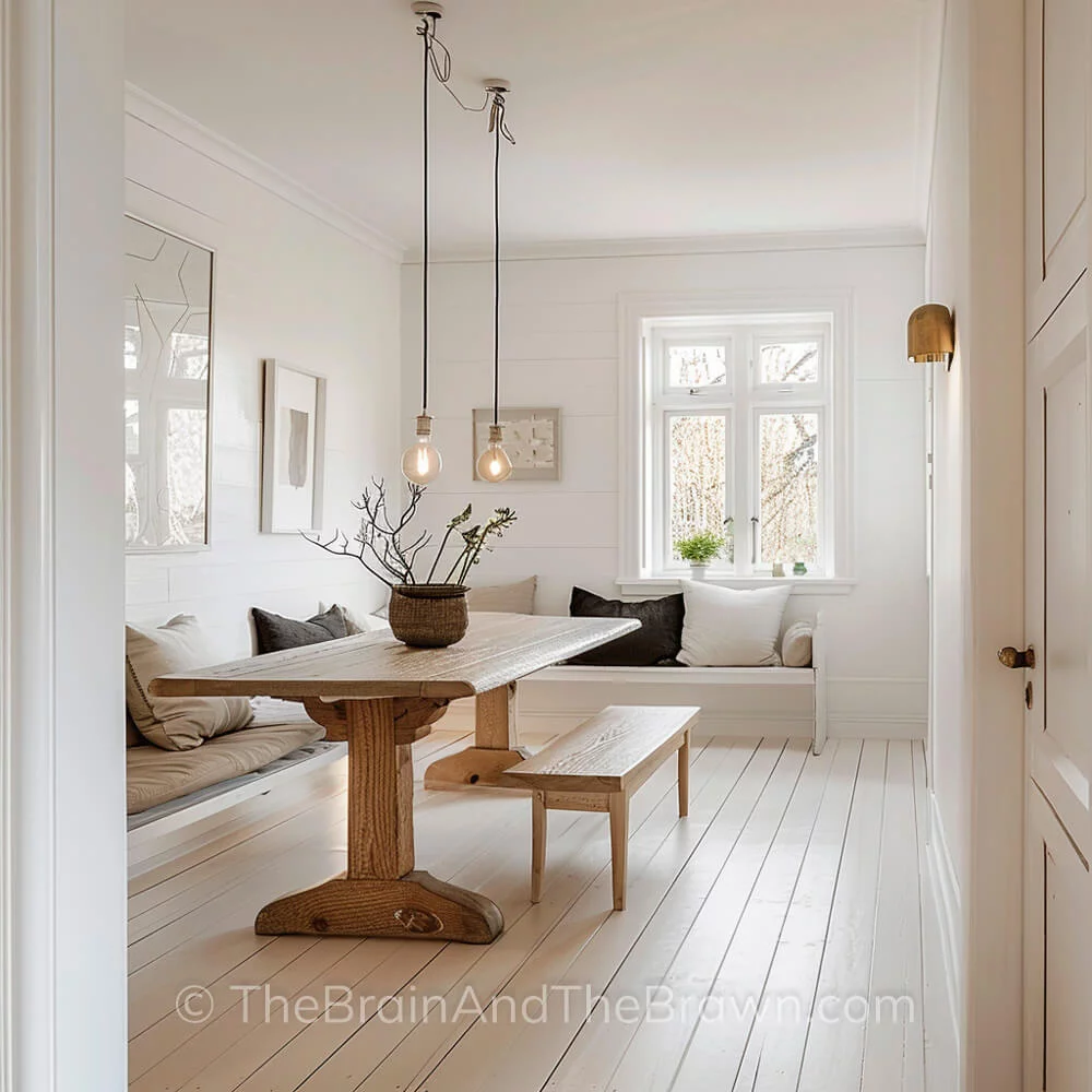 A cozy dining room shows modern farmhouse ideas with white ship lap walls, an antique wooden table and bench seating around the large dining table. 