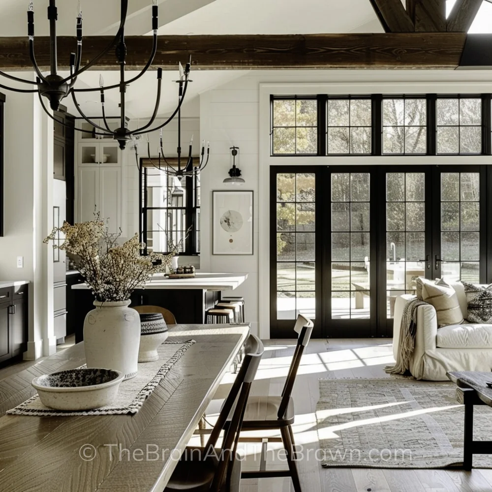 A large wall of black French doors provides modern farmhouse ideas in this great room with a large wooden dining table, a white couch in the living room with an antique rug set to one side of the photos and a kitchen with both black and white kitchen cabinets set to the other side of the photo. 