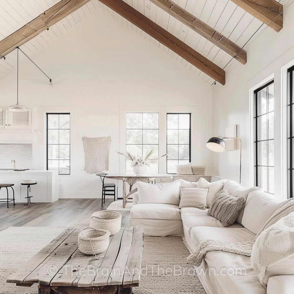 A white living room with hardwood floors provides modern farmhouse ideas with large black windows and a white couch with neutral pillows on it. A rustic rectangular coffee table with two wicker baskets on top. The ceilings are tall and have shiplap with wood beams on them. 