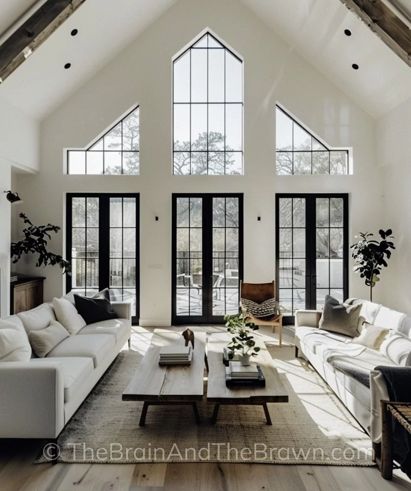 A living room showcasing modern farmhouse ideas with large cathedral ceilings with wooden beams and three sets of black French doors. Two long white couches face each other with a large wooden coffee table in between them. The living room has hardwood floors and a neutral textured rug. 