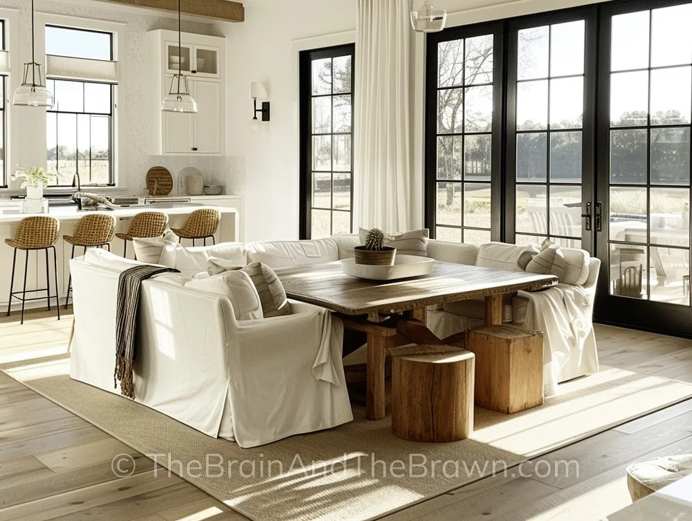 A cozy dining room with multiple sets of black French doors against one wall provide modern farmhouse ideas with a large rustic wooden table is surrounded by upholstered bench seating and a white kitchen is behind the dining room. 