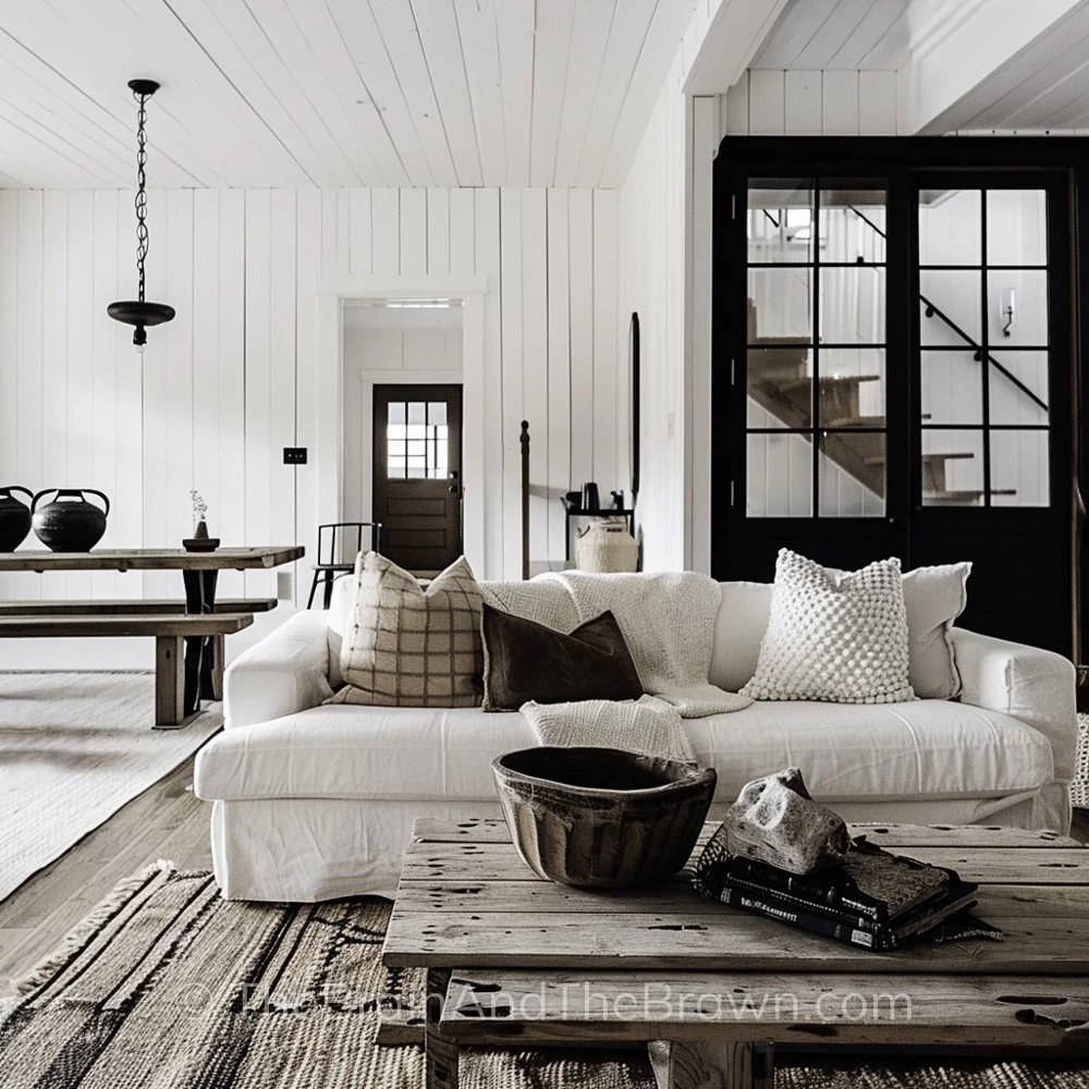 Living room showing modern farmhouse ideas with white vertical shiplap, a large white couch with a rustic coffee table and a set of large black french doors.