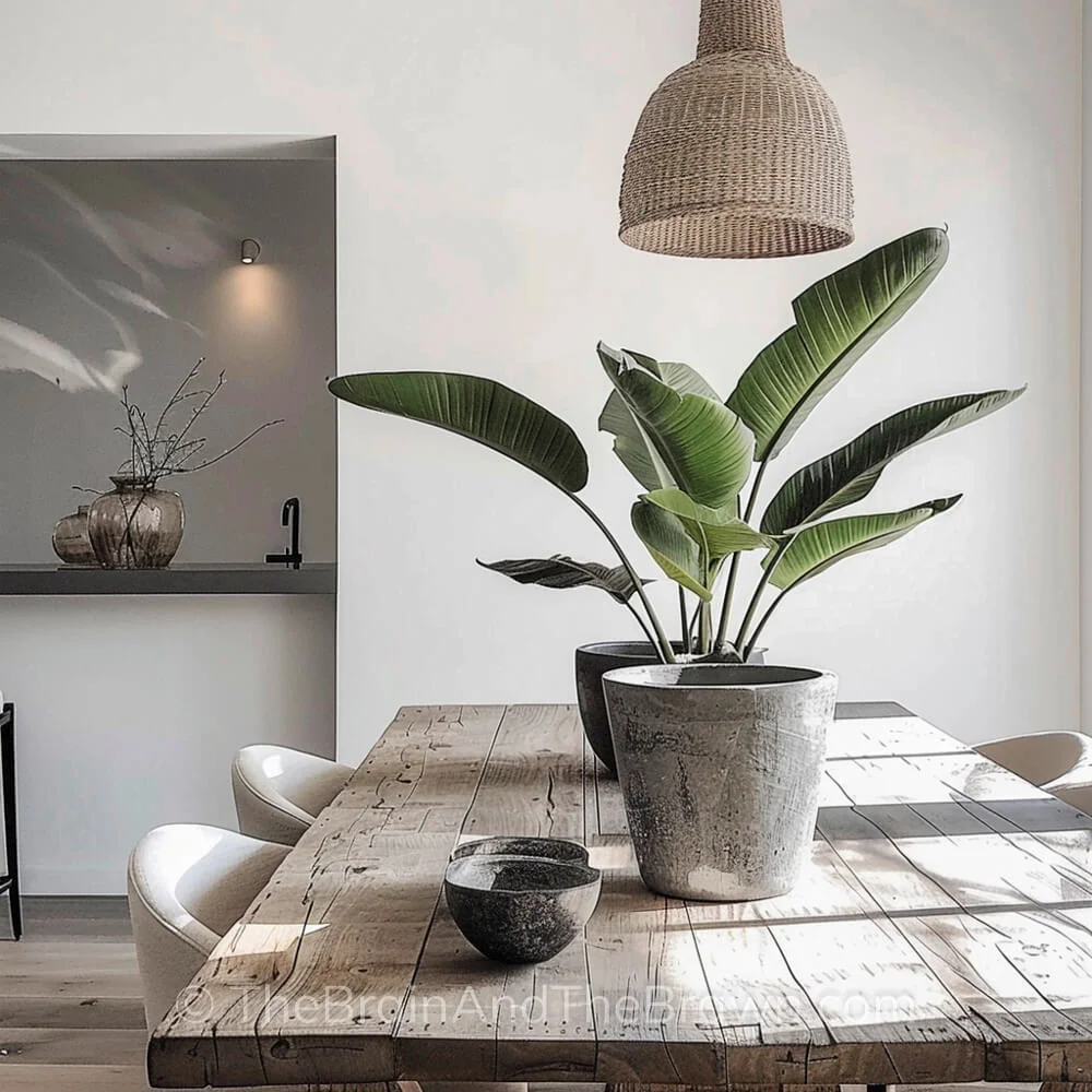 Modern farmhouse ideas in a dining room with a rustic wooden table and two plants on top of the wooden table. White cushioned dining chairs with white walls and a woven pendant light that hangs above the table. 