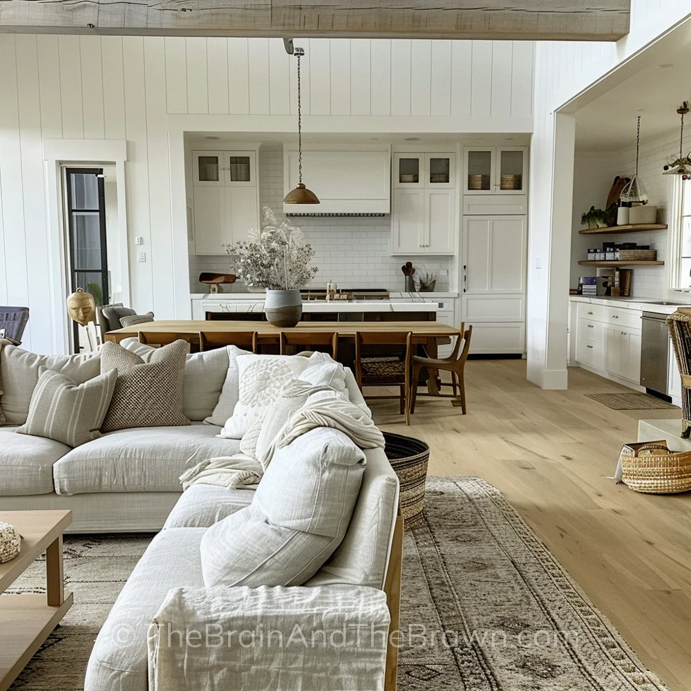 Modern farmhouse interior ideas showing a large great room with a white couch. Behind the couch is a large wooden dining table with a large vase on top of the table. A white kitchen is behind the dining table