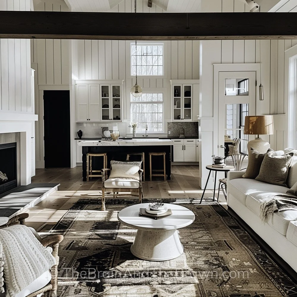 A great room provides modern farmhouse ideas with vertical plant walls, a white kitchen with black kitchen island, an antique rug with a white couch are in the living room. 