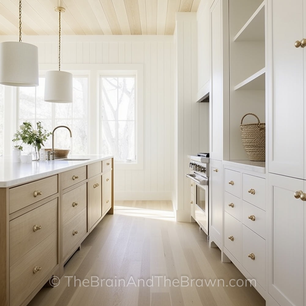 A kitchen with a wooden kitchen island, wood floors,  off-white kitchen cabinets, and vertical ship lap walls