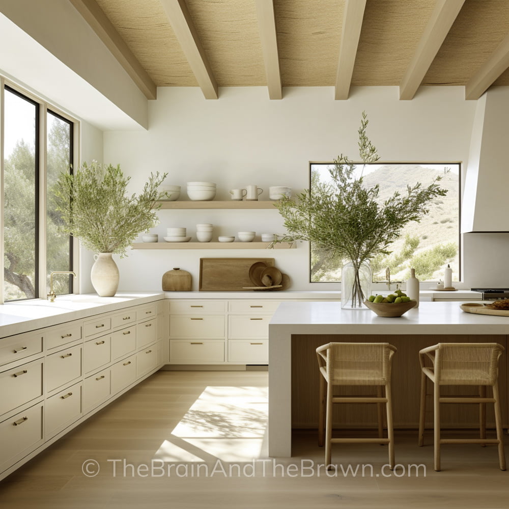 A kitchen with a wooden beam ceiling, white walls, off-white kitchen cabinets, white countertops, hardwood floors, and black windows