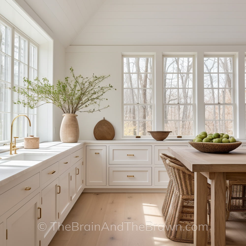 Charming off-white kitchen with brass hardware and a wooden kitchen island in the center of the kitchen. 