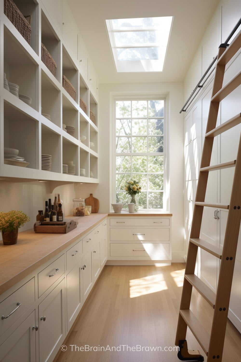 A butlers pantry with cream kitchen cabinets, butcher block countertops, and hardwood floors. A large window is on the back wall and a skylight brings in natural light