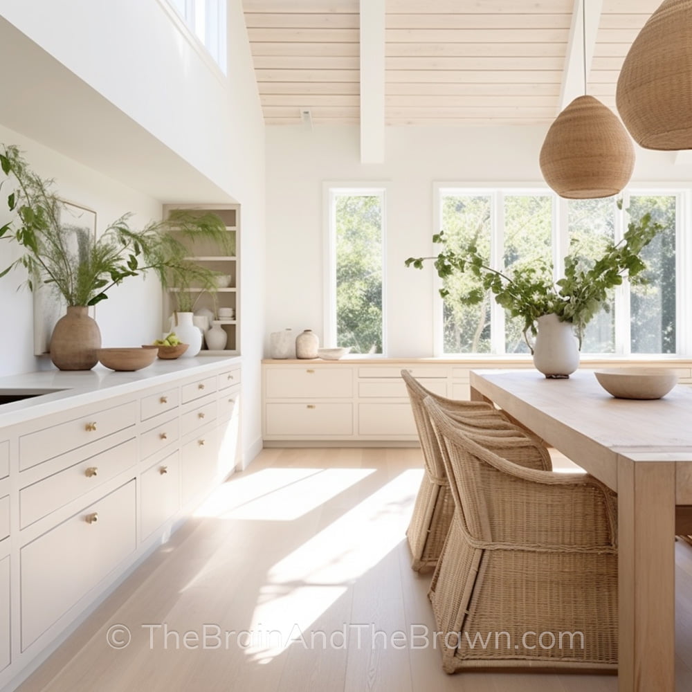 A light and bright kitchen with cream cabinet colors, hardwood floors, white countertops and white walls. A large wooden kitchen table with wicker chairs around it sits in the center of the kitchen.