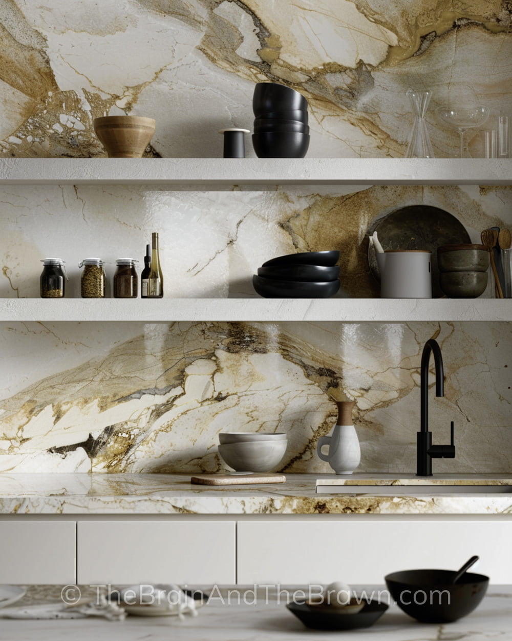 A natural stone backsplash with natural stone kitchen shelves. Plates, bowls, glasses and spices are arranged on the shelves.