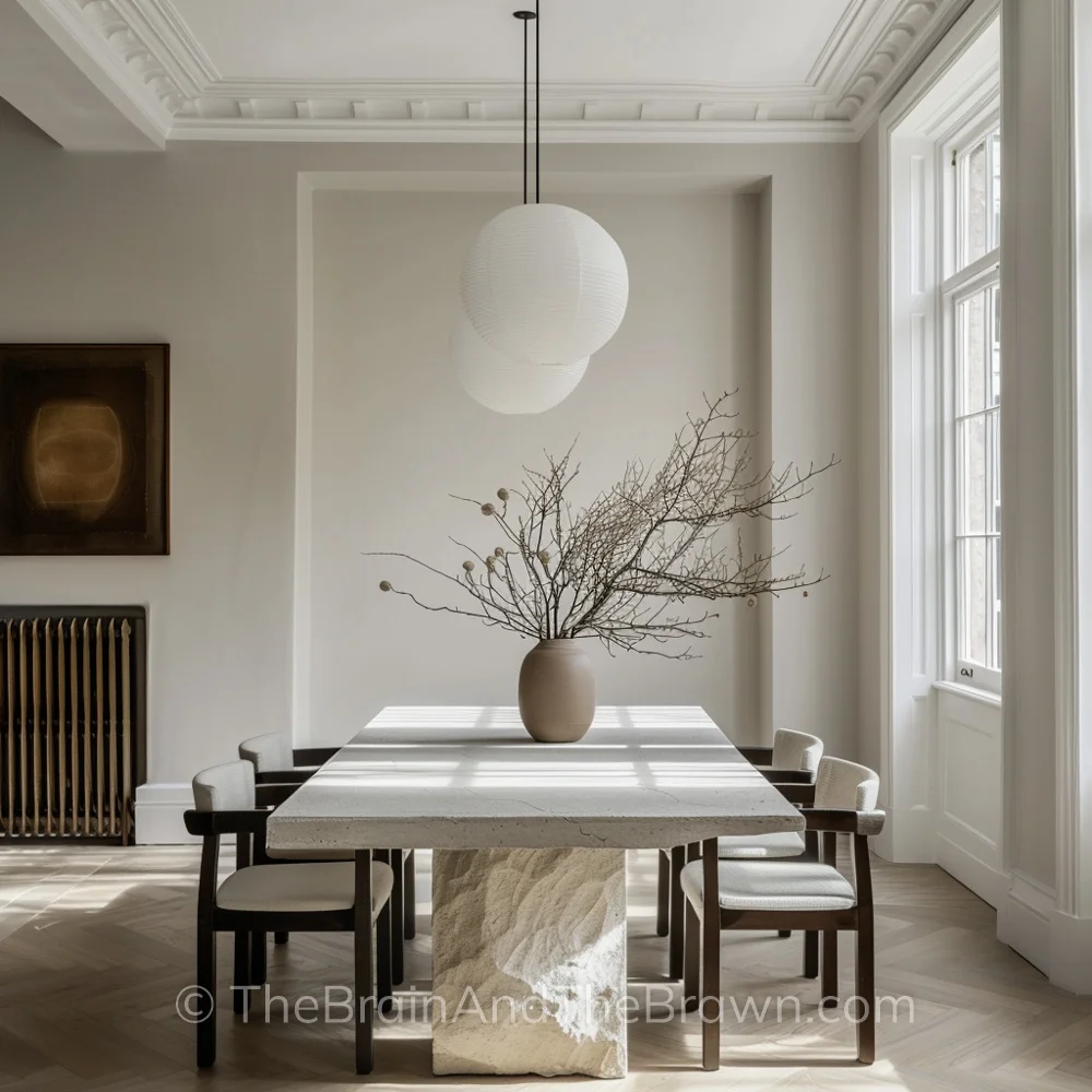 A plaster dining table with a textured table base, wood and upholstered chairs and two round light fixtures hanging above the table.  A vase of branches sets on the table with artwork hung to the left of the table.