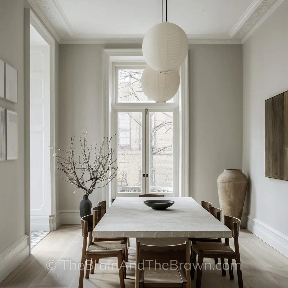 Dining room idea with hardwood floors, a plaster dining table, wooden chairs and round light fixtures hanging down in the center of the table. 