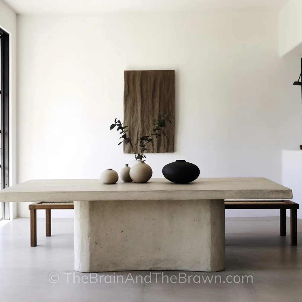 A dining room with a rectangular textured table and a long wooden bench flanking one side of the table. Multiple vases sit on top of the table.