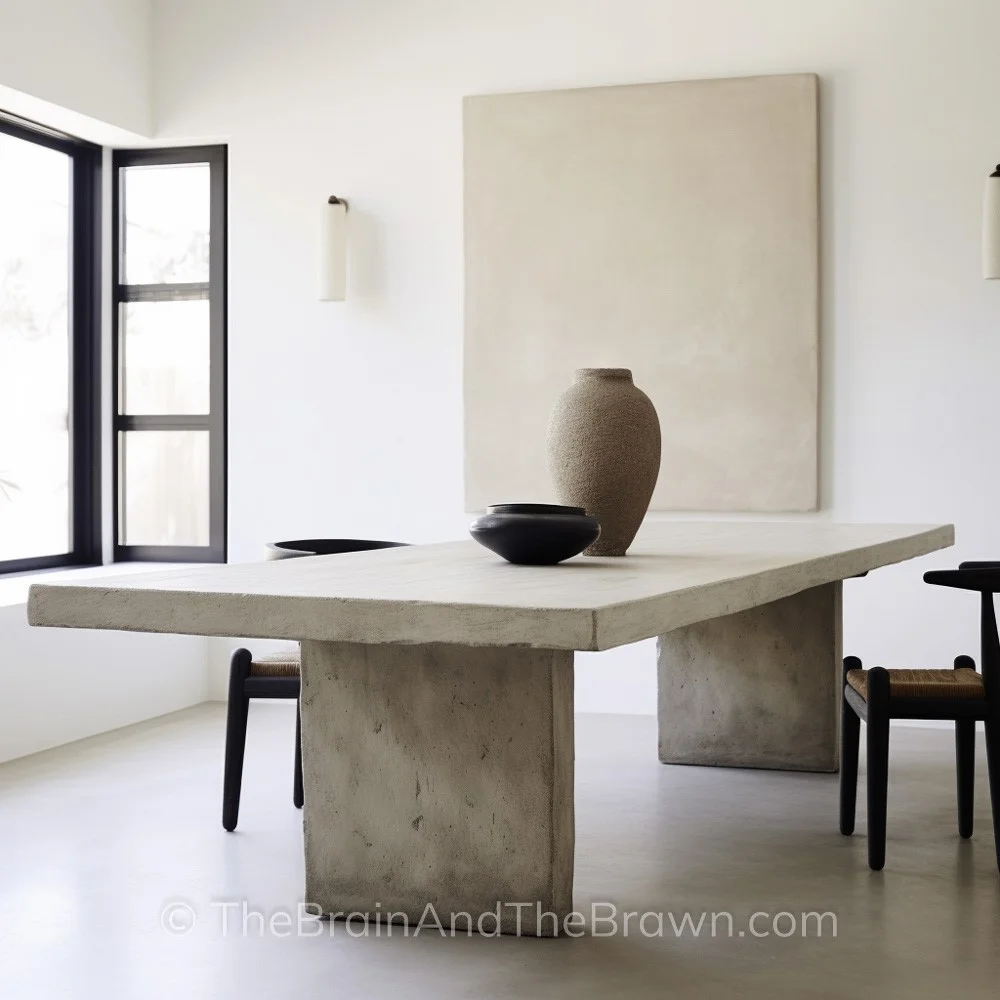 A rectangular, textured dining room table with two pieces of pottery on top of the table. A neutral piece of art hangs on the wall. 