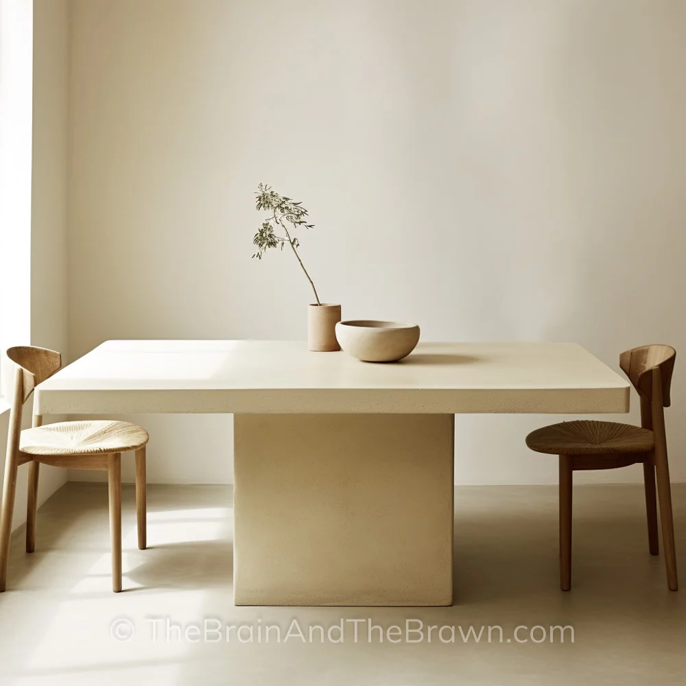 A dining table design of a rectangular off white table with two wooden chairs and two pieces of pottery on the table. 