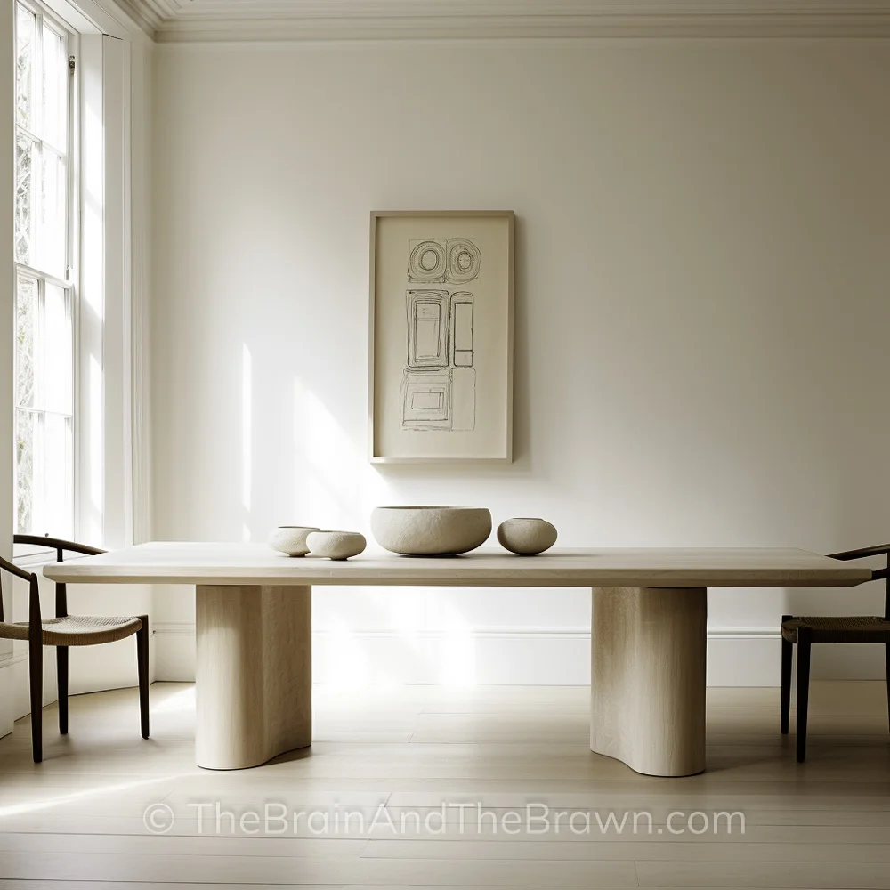 A unique plaster dining table with wishbone chairs on either side of the table and multiple pieces of pottery sitting on top of the table. 