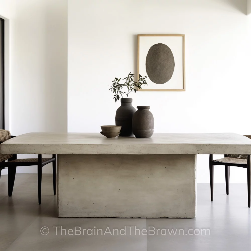 Dining room showing a plaster dining table with three pieces of pottery on top of the table.