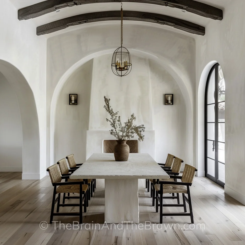 A dining room with a rectangular textured table and wood and wicker chairs around the table. A large vase of greenery is on top of the table and a fireplace flanks one wall. 