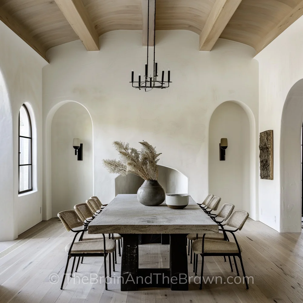 A dining room idea with a wooden ceiling and two tone plaster dining table with wicker chairs and wooden floors. 